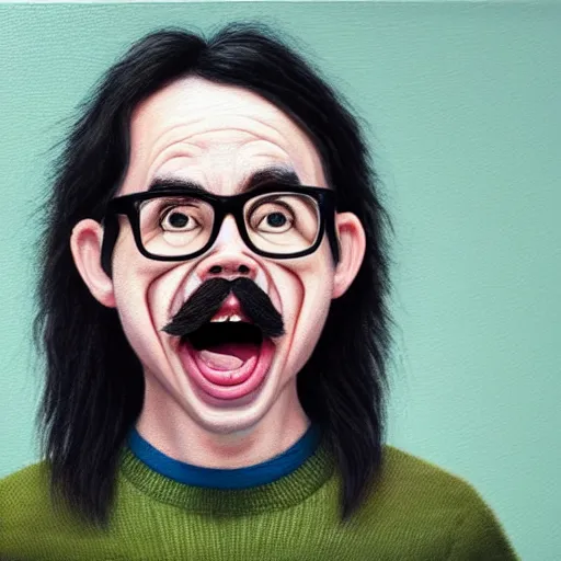 Image similar to An Oil Painting of Rivers Cuomo in a sweater with long hair and a mustache sweating bullets as he imitates The Scream pose in his apartment after seeing kim jong un's nukes falling onto the city, hyperrealistic, extremely realistic, highly realistic, HD Quality, 4k resolution, 8k resolution, Detailed, Very Detailed, Highly Detailed, Extremely Detailed, Intricate Details, Real, Very Real, Oil Painting, Digital Painting, Painting, Trending on Deviantart, Trending on Artstation