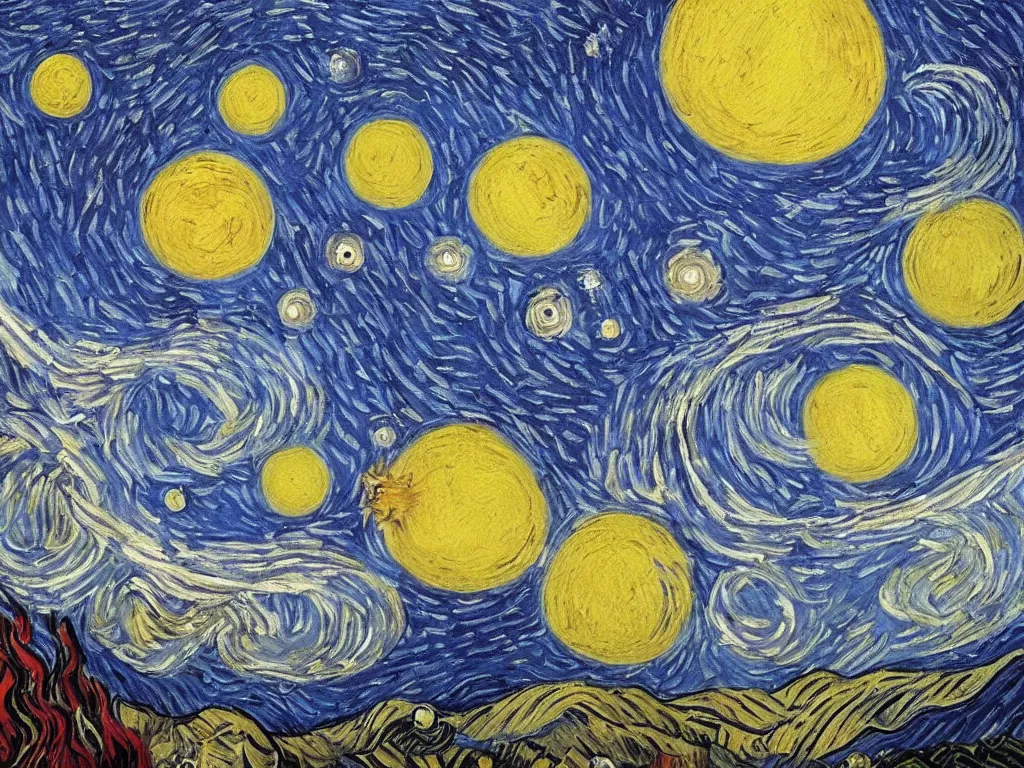 Image similar to A beautiful painting of a five planets by Gioele Muscolino and Van Gogh, There are only five planets that are black, white, yellow, red, and blue, behind the galaxy and the universe, Trending on artstation, starry sky