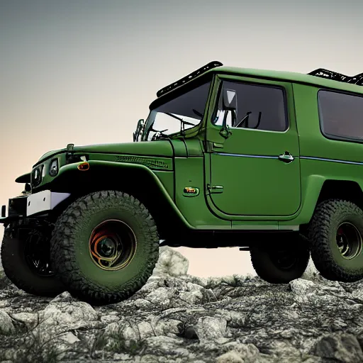 Prompt: closeup of a green Toyota Fj43 build in 1981, traveling through the mountains, black roof, with a roof rack, detailed, 8K, octane render, 8K,