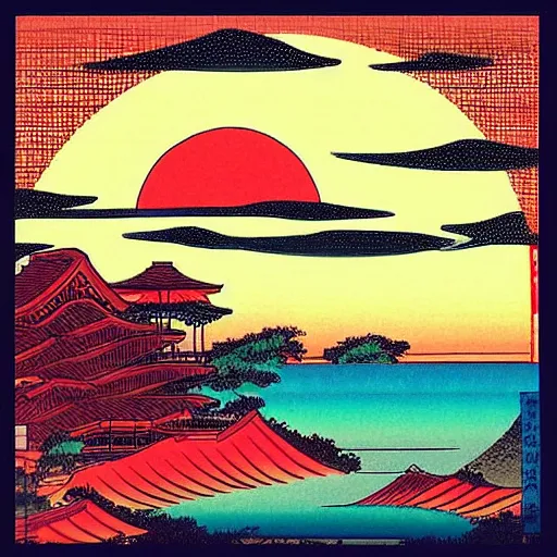 Prompt: “a bright red sunrise, in the style of Ukiyo-e”