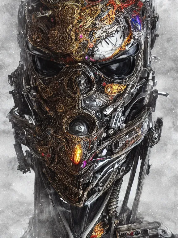 Image similar to portrait art of 8k ultra realistic artificial intelligence , detailed intricate ornate armour,decaying, cybernetic, full of colour, cinematic lighting, battered, trending on artstation, 4k, hyperrealistic, focused, extreme details,unreal engine 5, cinematic, masterpiece, art by ayami kojima, giger