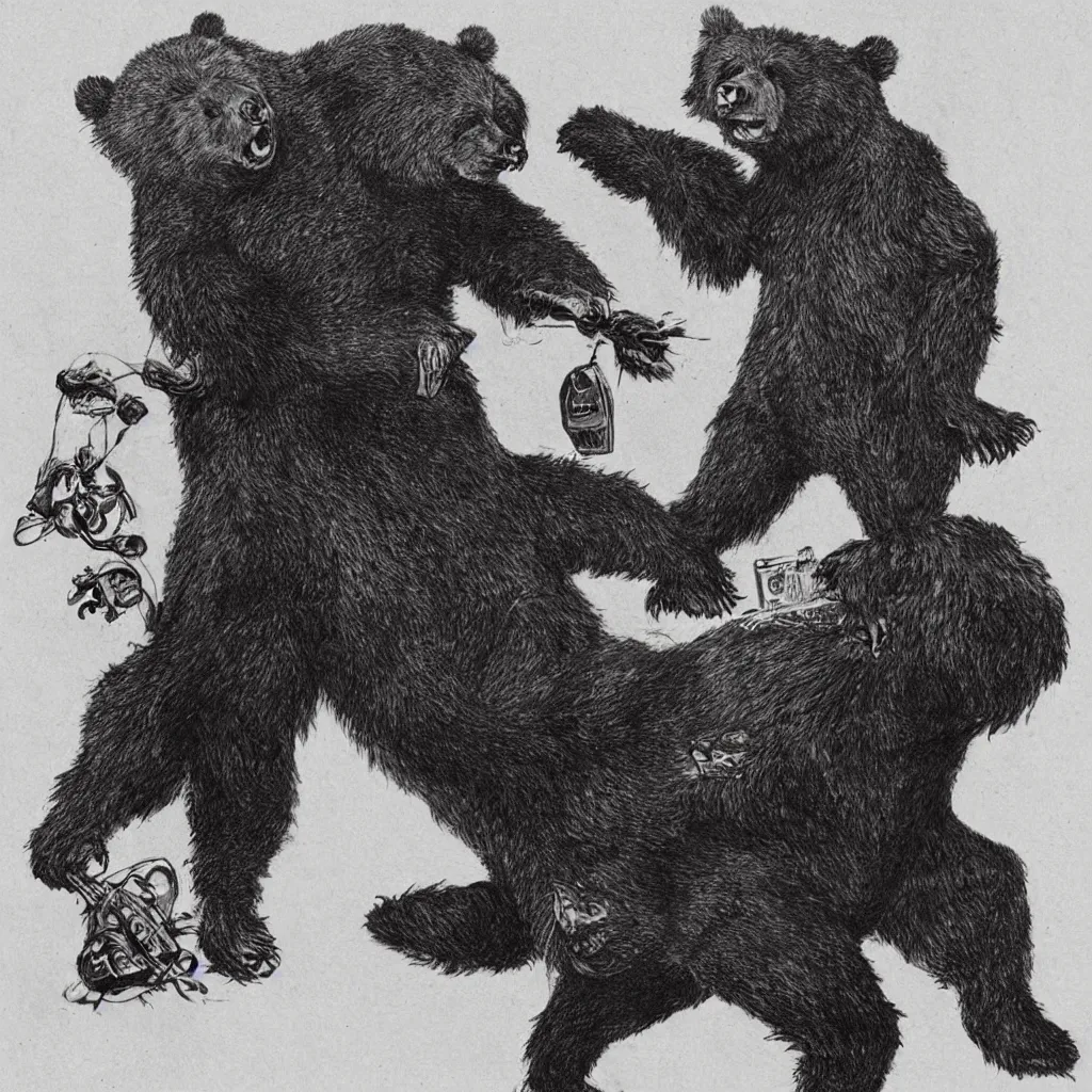 Image similar to style of the salvador dali, a werebear robbing a bank