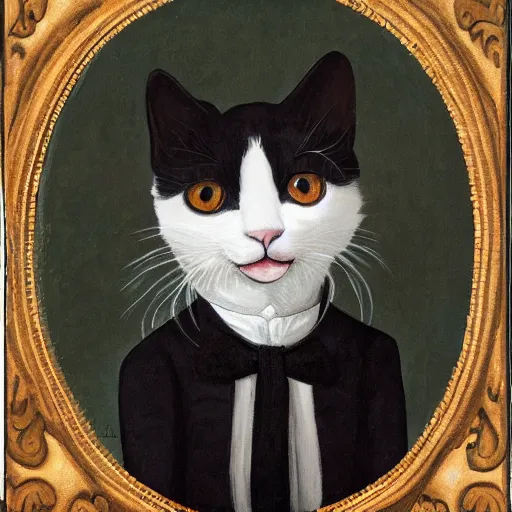 Prompt: portrait of an adorable tuxedo kitten in renaissance clothing