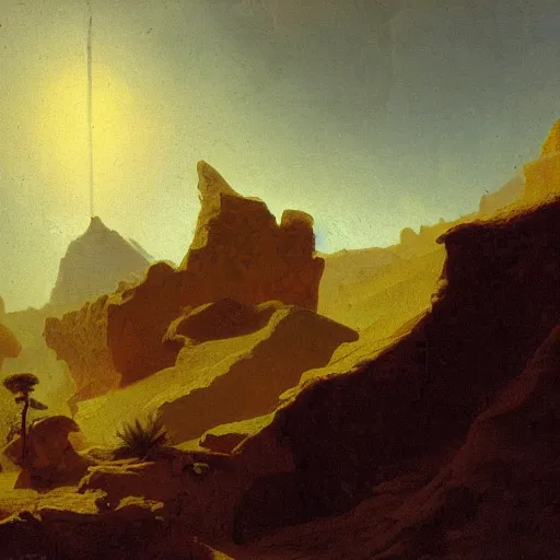 Prompt: an oil painting of a cracked and dry canyon on an alien planet with the sun breaking through clouds by carl spitzweg and tuomas korpi