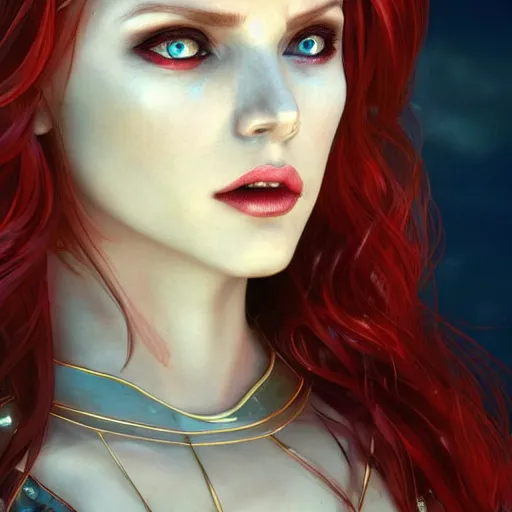 Image similar to redhead vampire sorceress, perfect face viewed in profile, bright glowing blue and silver eyes, gold shirt, cinematic, floating ash, stunning, highly detailed, artstation, smooth, hard focus, concept art, art by artgerm and greg rutkowski and alphonse mucha, volumetric lighting, octane render, 4 k resolution, trending on artstation, masterpiece