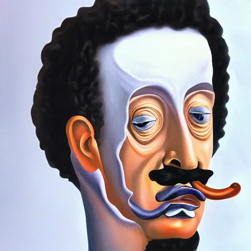 Prompt: half man half robot Salvadore Dali twirling his mustache while painting