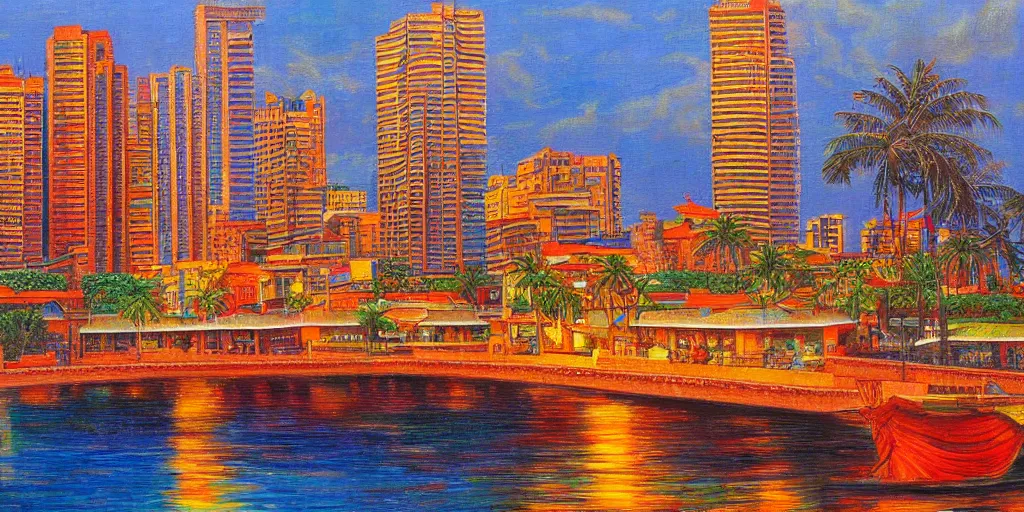 Prompt: colombo sri lanka cityscape, ocean, art by vladimir tretchikoff