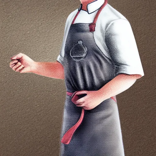 Prompt: young red headed man wearing a white chef\'s apron, full body, digital character art, trending on artstation