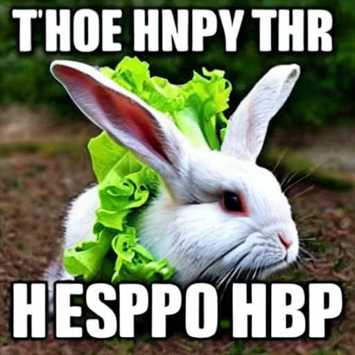Image similar to a meme image of a rabbit with the text lettuce be happy