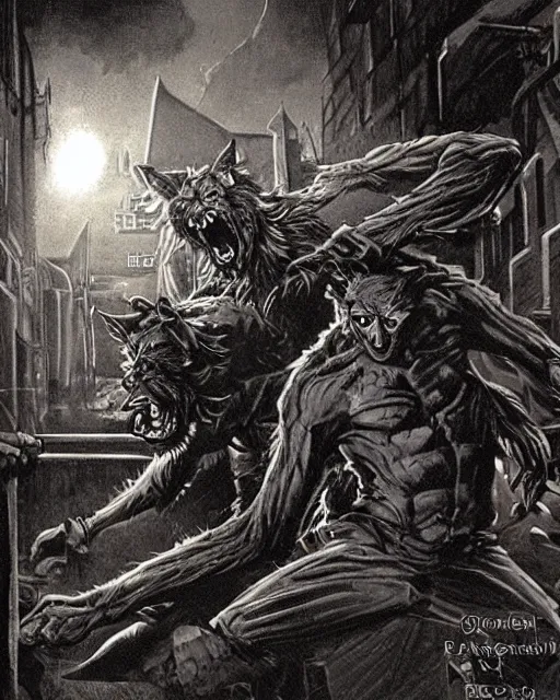 Image similar to a werewolf fighting a vampire in a dark brisbane alley, hd concept art by ron spencer and jean giraud and richard borden.