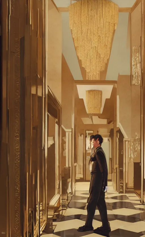 Image similar to a young man explores the halls and foyer of a grand old art deco hotel, meeting its eclectic guests. film poster. wes anderson. golden light. collage. photorealistic. octane render. cinematic. trending on artstation. textless.