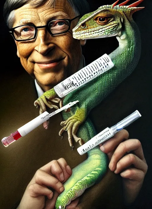 Prompt: bill gates as a lizard reptile!!!, holding a syringe, portrait, intricate, elegant, highly detailed, digital painting, artstation, concept art, wallpaper, smooth, sharp focus, illustration, art by h. r. giger and artgerm and greg rutkowski and alphonse mucha