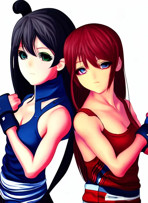 Prompt: two beautiful female fighters standing face to face, dim lighting, gorgeous features, smooth, detailed anime art