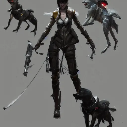 Image similar to 2d character concept art illustration, trending on artstation, by Ruan Jia, of a girl in a cyberpunk suit with three leashed battle dogs