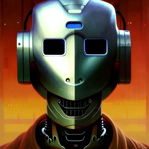 Image similar to detailed character concept art portrait of a masked robot in a city, trending on artstation, award - winning video game concept art by jim burns and greg rutkowski, beksinski, a sci - fi concept art masterpiece, james gilleard, bruegel, alphonse mucha, and yoshitaka amano.