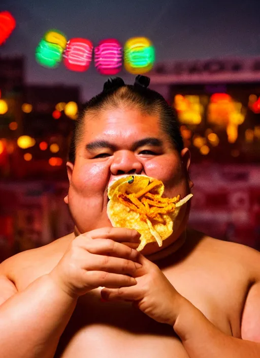 Image similar to sumo wrestler eating crispy tacos, holding hot sauce, portrait, photo realism, bokeh background, neon lights, city background, high definition, slr