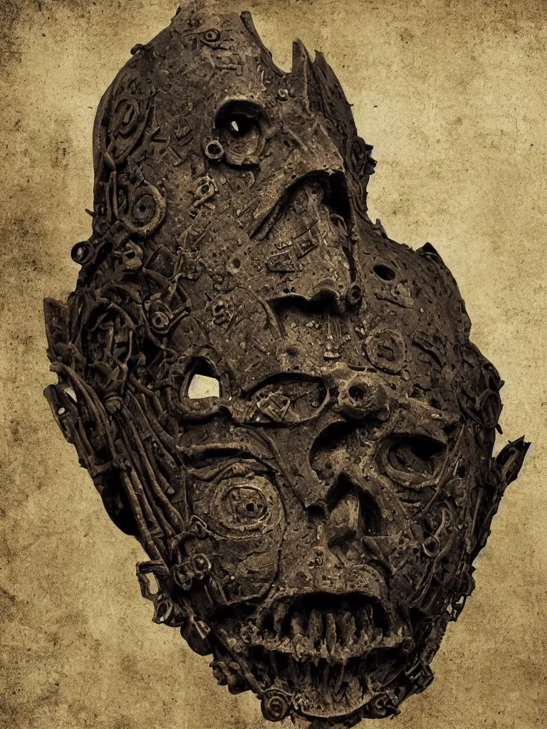 Image similar to extra wide view. an ominous dark ancient mask. barron. worn out photography. sepia. cracks. hyper - detailed. gothic steampunk. low poly medieval baroque. symmetric. epic. hyper - realistic. unreal render.