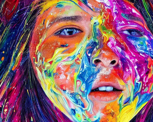 Prompt: still shot close up footage of the portrait of a female head exploding and disintegrating into acrylic pour and splashing paint and dripping paint, painful emotions, motion blur, hyperrealistic, medical, intricate art photography, anatomically correct, realistic crisp textures, 1 6 k