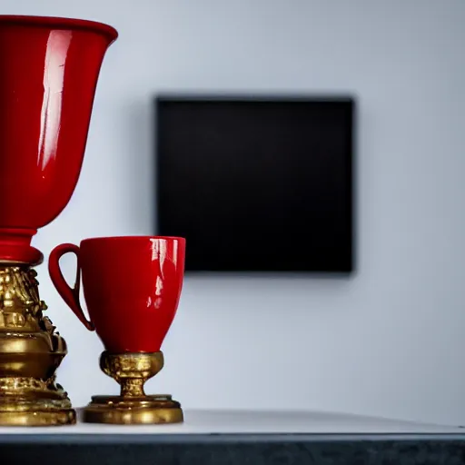 Image similar to an ultra high definition professional studio photograph, 5 0 mm f 1. 4 iso 1 0 0. the photo is set in a plain white room with a plain white plinth centrally located. the photo depicts an object on the plinth. the object is a cup. the cup is red.