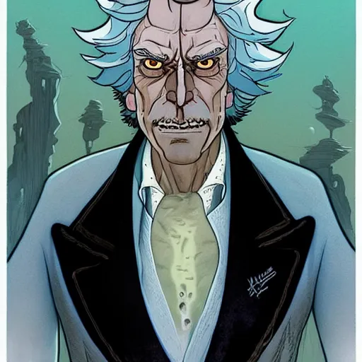 Image similar to westworld rick sanchez futurama portrait by charles vess and james jean and erik jones and rhads, inspired by ghost in the shell, beautiful fine face features, intricate high details, sharp, ultradetailed