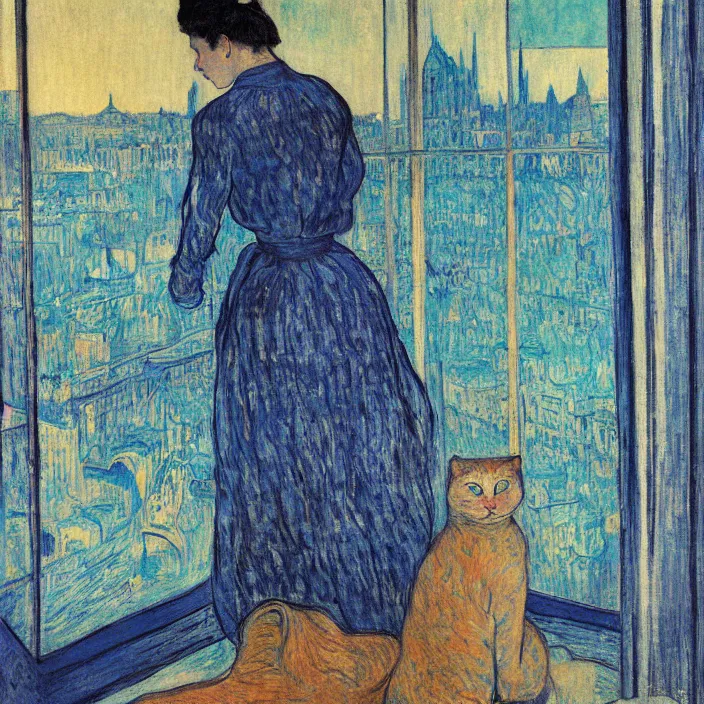 Prompt: sad woman and white cat with city with gothic cathedral and tall trees seen from a window frame with curtains. dark indigo blue, turquoise, gold, earth brown. night with glowing stars. delville jean, henri de toulouse - lautrec, utamaro, matisse, monet