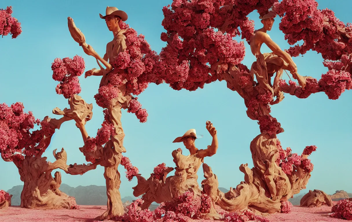 Image similar to a cowboy turning into blooms by slim aarons, by zhang kechun, by lynda benglis. tropical sea slugs, angular sharp tractor tires. complementary colors. warm soft volumetric dramatic light. national geographic. 8 k, rendered in octane, smooth gradients. sculpture by antonio canova. red accents.