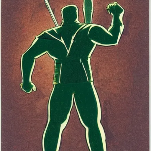 Image similar to The Green Arrow action pose, view from behind looking over shoulder, drawing an arrow from his quiver, comic book cover style