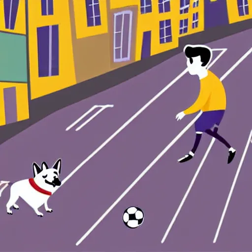 Image similar to illustration of boy playing football with a corgi wearing a polkadot scarf on the streets of paris