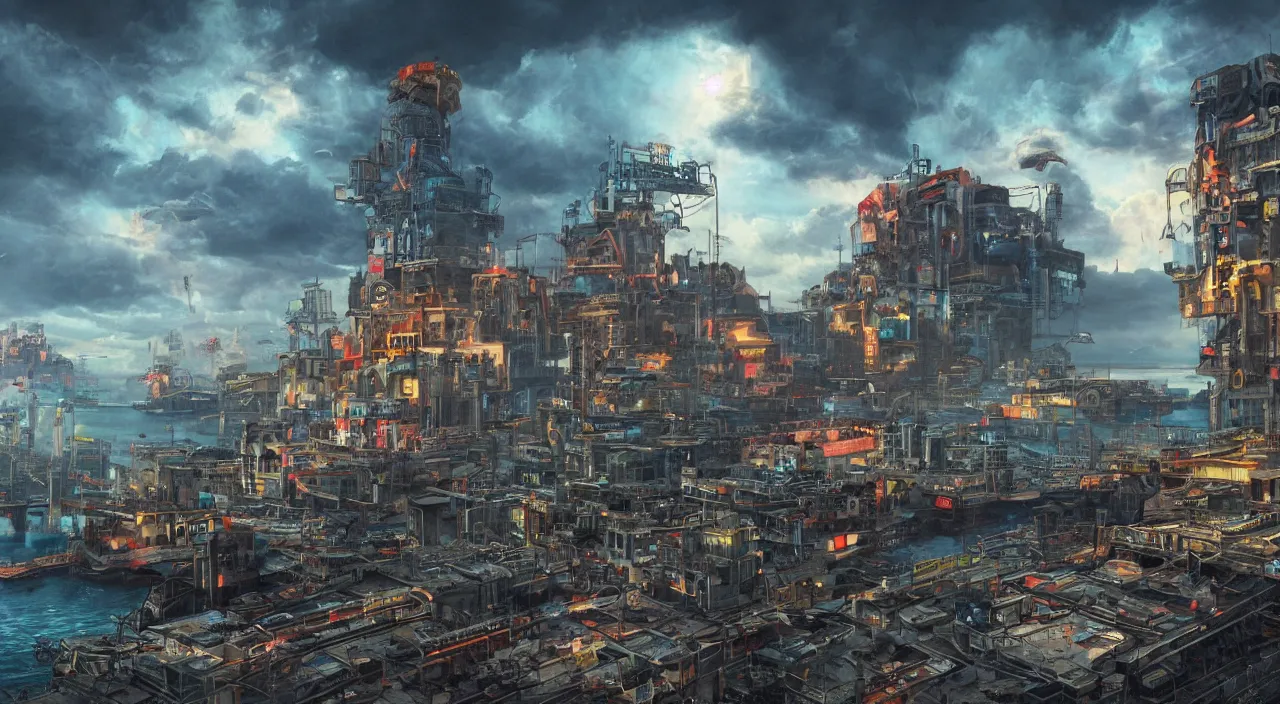 Prompt: a Stunning 3d painting of A Great atompunk city on the sea by Annibale Siconolfi,epic lighting,beautiful sky,Retro colour,hyper detailed,Super realistic,cinematic,Masterpieces,8K Resolution