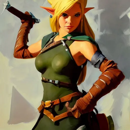 Image similar to greg manchess portrait painting of partially armored female link from legend of zelda as overwatch character, medium shot, asymmetrical, profile picture, organic painting, sunny day, matte painting, bold shapes, hard edges, street art, trending on artstation, by huang guangjian and gil elvgren and sachin teng