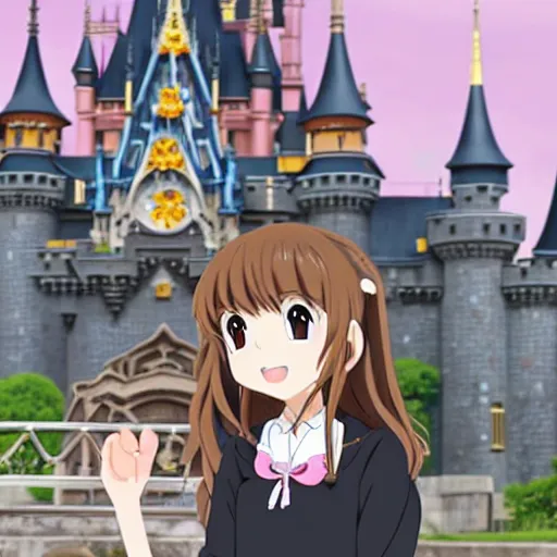 Image similar to menhera - chan, anime girl with long brown hair and black hoodie, posting in front of the wdw castle, kyoani, kyoto animation, key visual