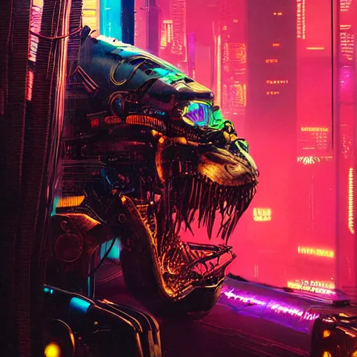 Image similar to cyberpunk robot tiger, big jaws and neon lights, metal exposed and wires, highly detailed cyberpunk 2 0 7 7 and beksinski style painting