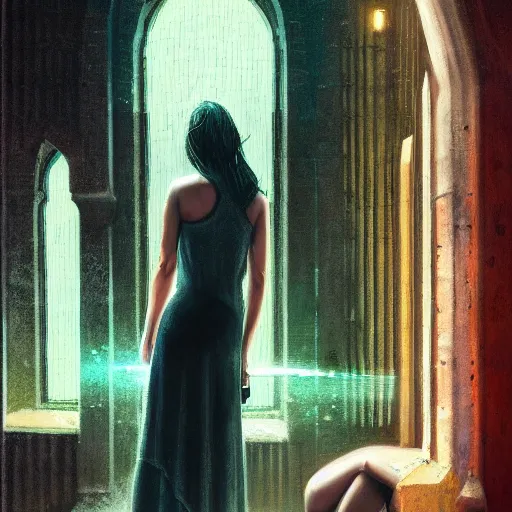 Prompt: detailed portrait of a woman, moment, cyberpunk cloisters, mosque, electronic billboards, tech noir, wet reflections, atmospheric, ambient, livia prima, greg rutkowski, edward hopper, pj crook