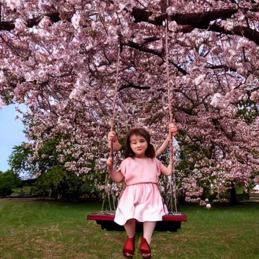 Prompt: girl on a cherry tree swing