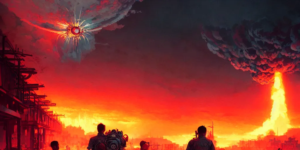 Prompt: atomic bomb explosion in the philippines, detailed intricate illustration, dark atmosphere, detailed illustration, hd, 4 k, digital art, overdetailed art, by greg rutkowski, by loish, complementing colors, trending on artstation, deviantart