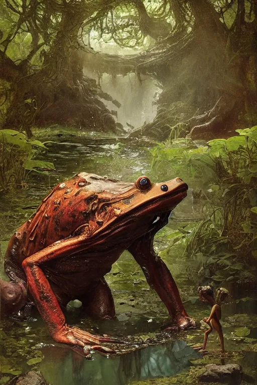 Image similar to a froglike demon emerges from a pond in ancient woodland, water splashing cascading, alien flora and fauna, by ruan jia, jack kirby, norman rockwell, wayne barlow, sergey krasovskiy, zdzislaw beksinski, boris vallejo, artstation creature