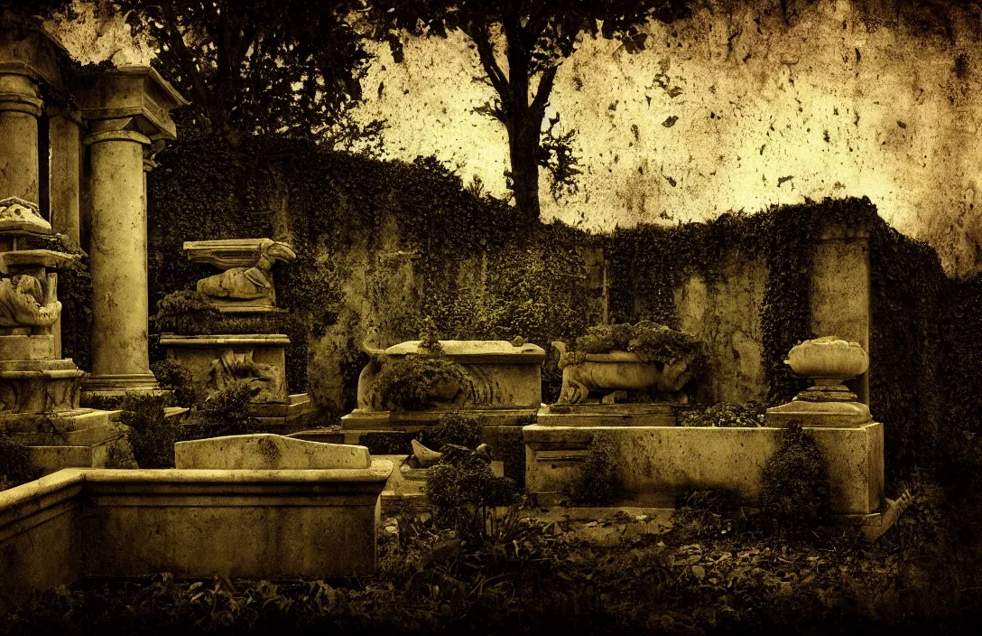Prompt: combine two traditional themes historic floods aerial sequestered corner of a garden within a castle walls intact flawless ambrotype from 4 k criterion collection remastered cinematography gory horror film, ominous lighting, evil theme wow photo realistic postprocessing pattern is based on classical sarcophagi painting by claude gellee