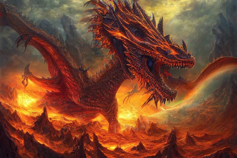 Image similar to ultra realist soft painting of a thousand warriors facing a single gigantic dragon breathing fire, very intricate details, golden ratio, volumetric rainbow lighting, reflections, refractions, symmetry accurate anatomy features, fantasy war scene background, unreal render, Boris Vallejo artstyle
