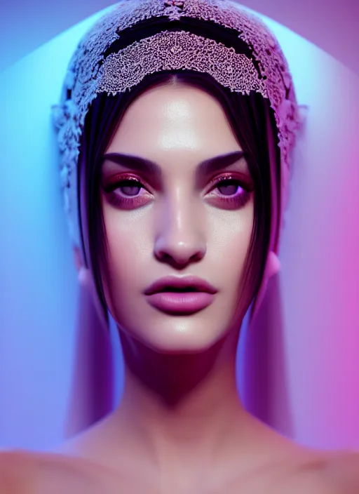 Image similar to beautiful female portrait, arabic, composite, attractive facial features, haze, intricate, symmetrical face, close - up, makeup, sephora, maybelline, studio, backlight, cinematic, filmic, vsco, concept art, artstation, elegant, model, gorgeous, vray, flim, octane render, ambient occlusion, prism lights