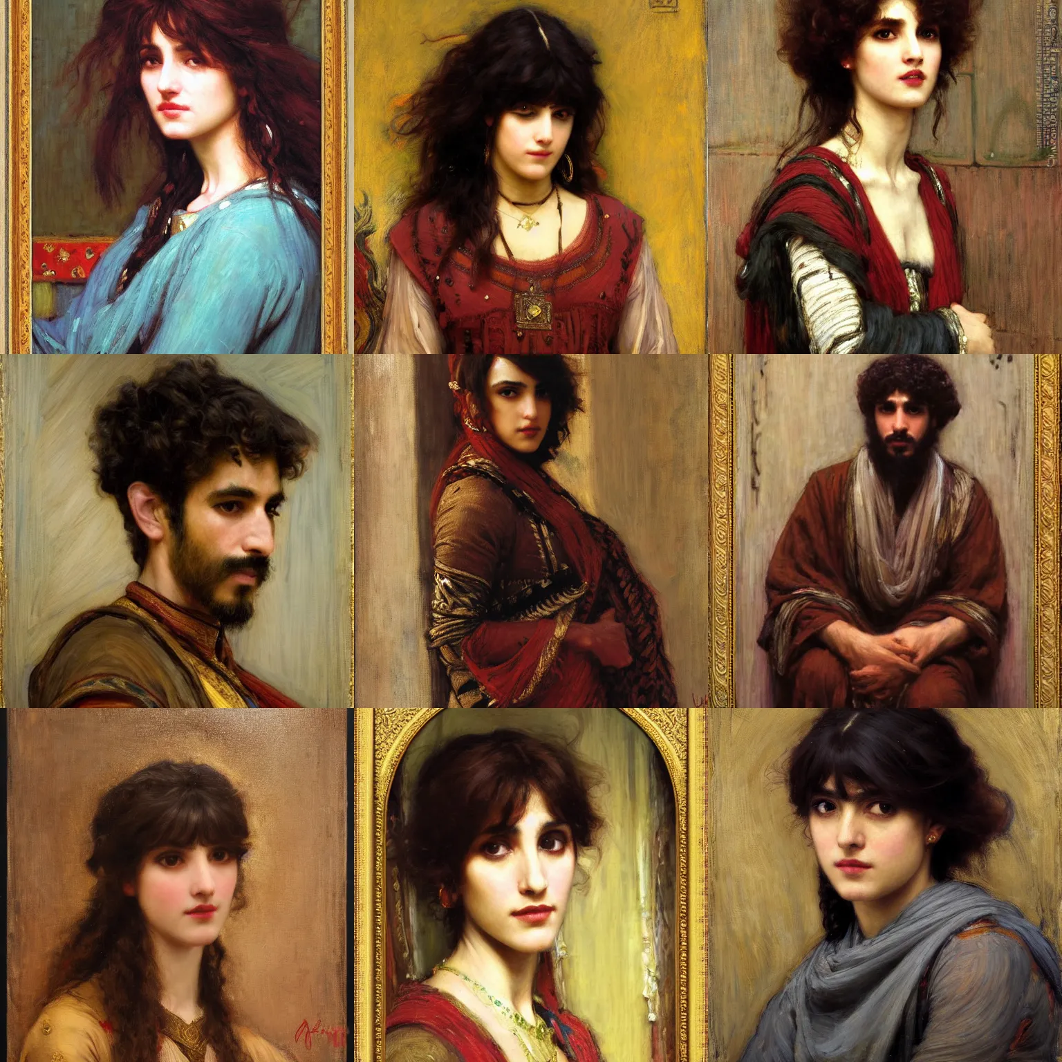 Prompt: bangs curly Iranian orientalist portrait by john william waterhouse and Edwin Longsden Long and Theodore Ralli and Nasreddine Dinet, oil on canvas. Cinematic, hyper realism, dramatic lighting, high detail 8k