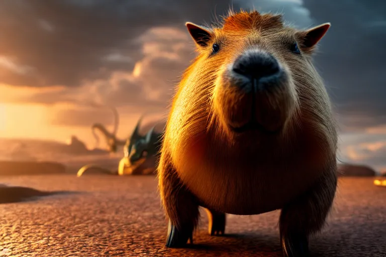 Image similar to a small capybara sits in front of a huge dragon that growls at it, ray tracing, octane render, digital art, realistic, high quality, 8 k