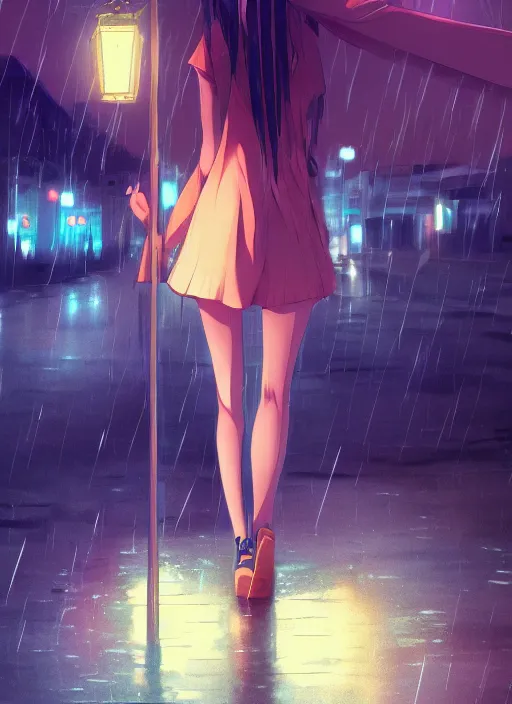 Image similar to listening to music at 2 am, night, pretty girl, pose, rain, lofi, lofi, peaceful, street light, anime key visual, poster, street wears, anime, by wlop, high quality, 4 k, trending, trending on artstation