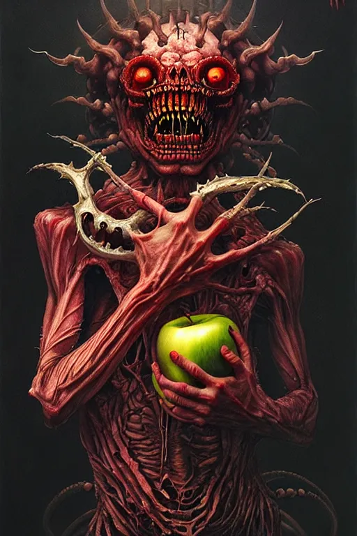 Image similar to tooth and flesh demon holding an apple gift by anna podedworna, ayami kojima, greg rutkowski, giger, maxim verehin