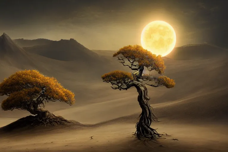 Image similar to cinematic fantasy landscape painting, an eclipse, over an autumn maple bonsai growing alone on a desolate sand dune in front of a primordial mountainous desert landscape of bones by hr giger and jessica rossier