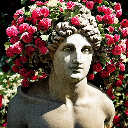 Image similar to portrait of a greek statue covered in roses, by julia pott