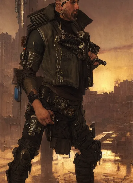 Image similar to clever Anders. cyberpunk mercenary with tattoos wearing a military vest and combat gear. (Cyberpunk 2077, bladerunner 2049). Iranian orientalist portrait by john william waterhouse and Edwin Longsden Long and Theodore Ralli and Nasreddine Dinet, oil on canvas. Cinematic, hyper realism, realistic proportions, dramatic lighting, high detail 4k