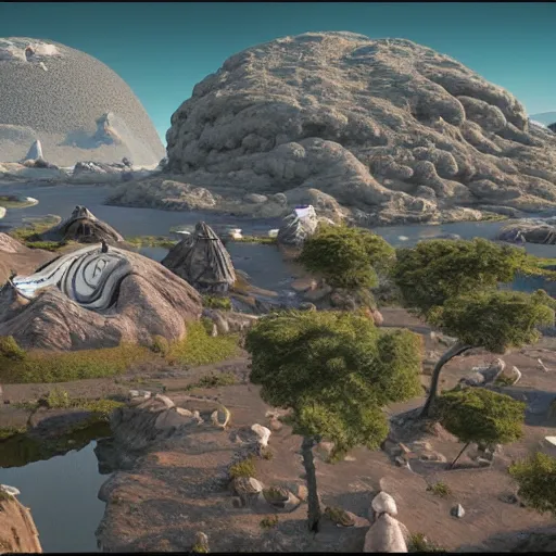 Prompt: alien architecture with curved buildings on alien planet with mountains and craters and lakes 4k detailed colorful magical realism unreal engine