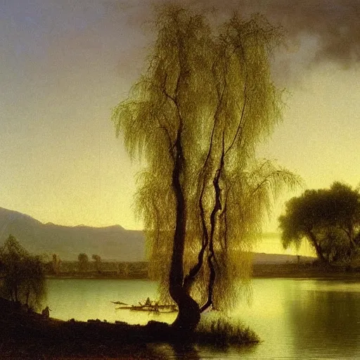 Image similar to oil painting of a willow tree next to a river by albert bierstadt, beautiful lighting - h 7 0 4