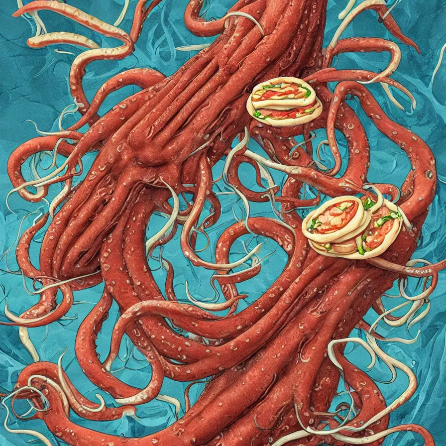 Image similar to a beautiful ultra detailed anatomical illustration of a giant squid holding many burgers, tentacles wrapped around burgers, artstation, 8 k