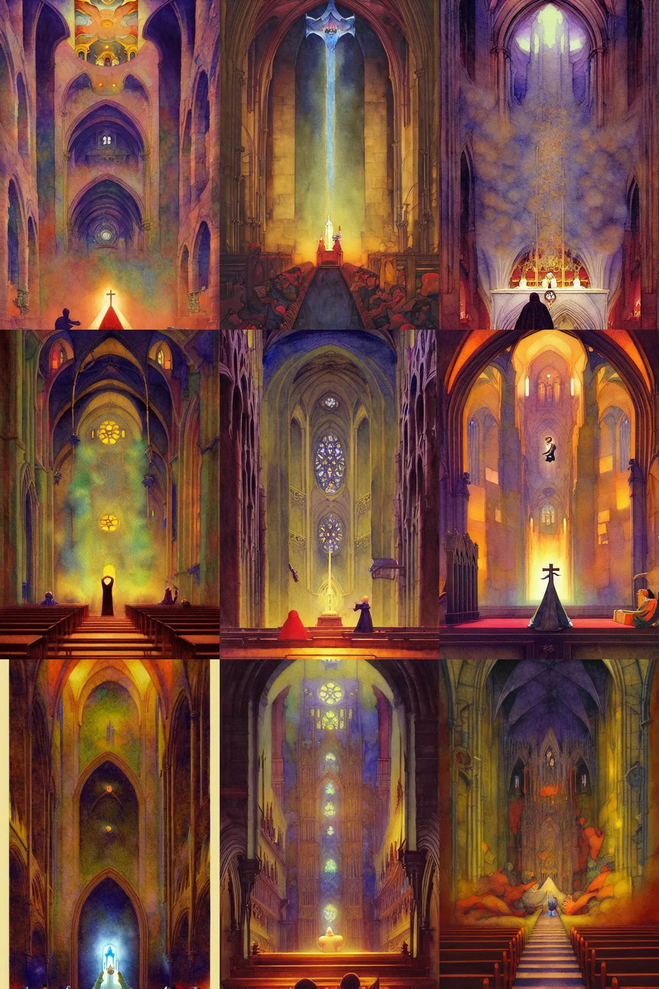 Prompt: dixit card, inside the cathedral, focal point, character praying, organ, dark fantasy. intricate, amazing composition, colorful watercolor, by ruan jia, by maxfield parrish, by shaun tan, by nc wyeth, by michael whelan, by escher, illustration, gravity rush, volumetric